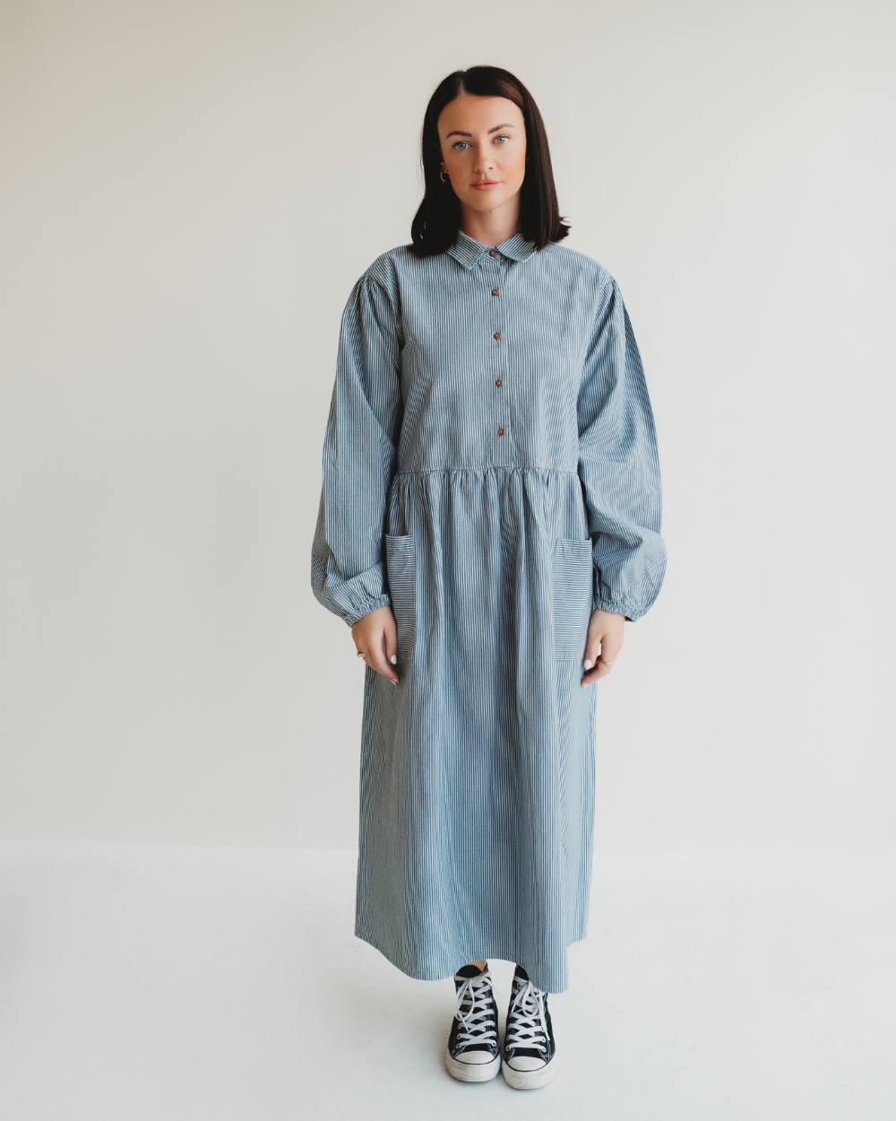 Magda Blue Pinstripe Print Long Sleeve Midi Dress
