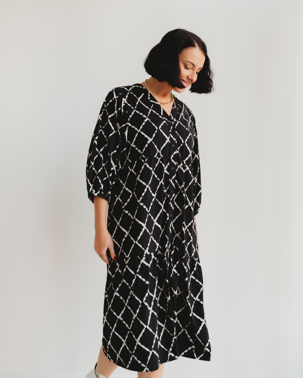 organic cotton Clara Black Harlequin Print Midi Dress - image 5