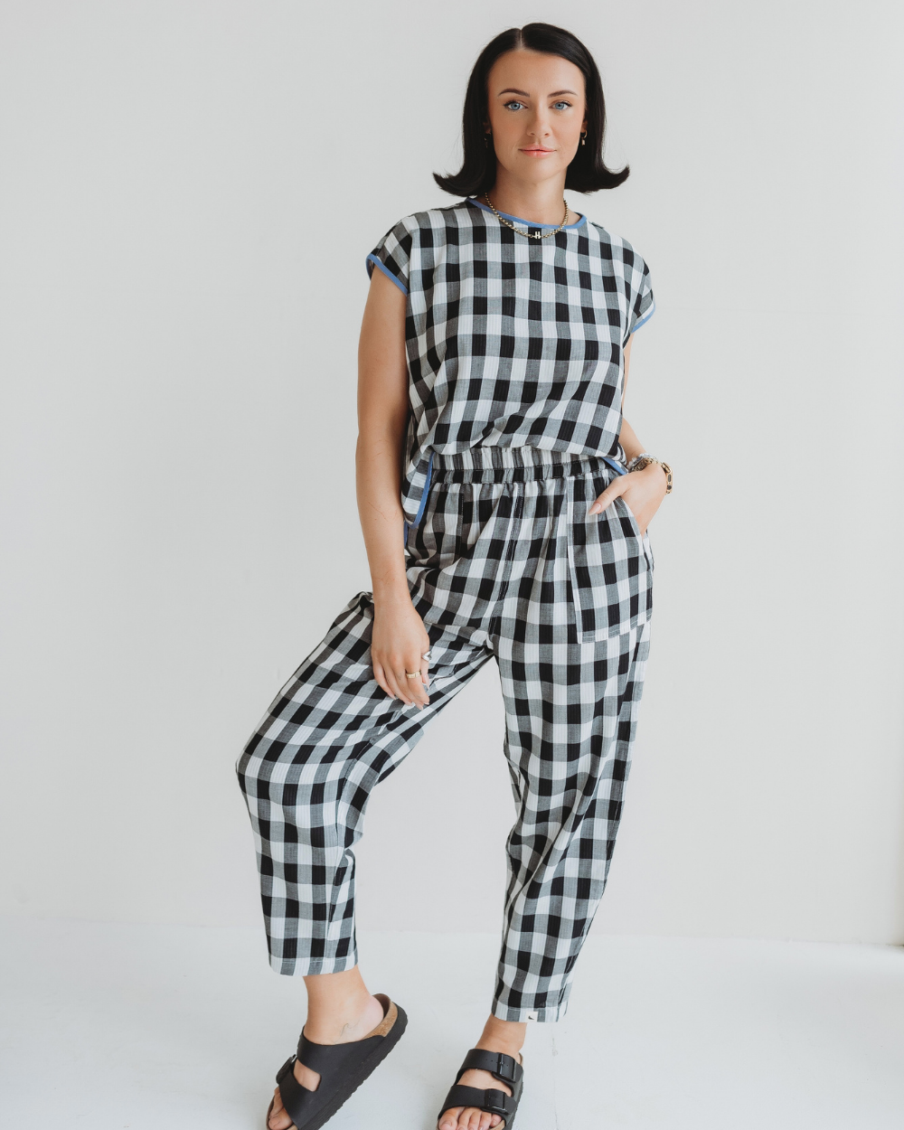 Black and white check trousers womens hotsell