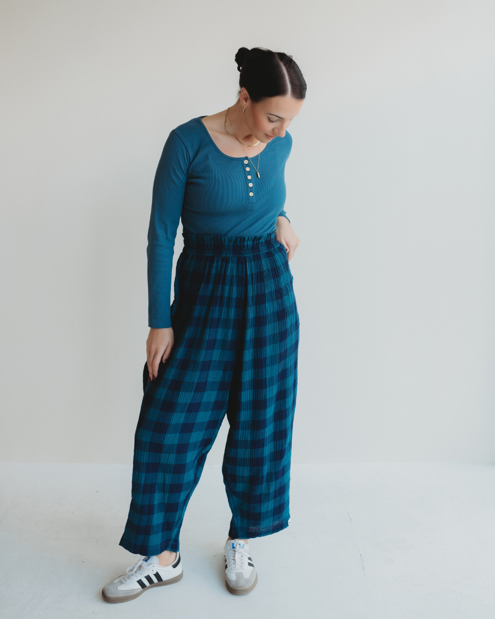 Betty Navy Check Print Drape Trousers- image 1
