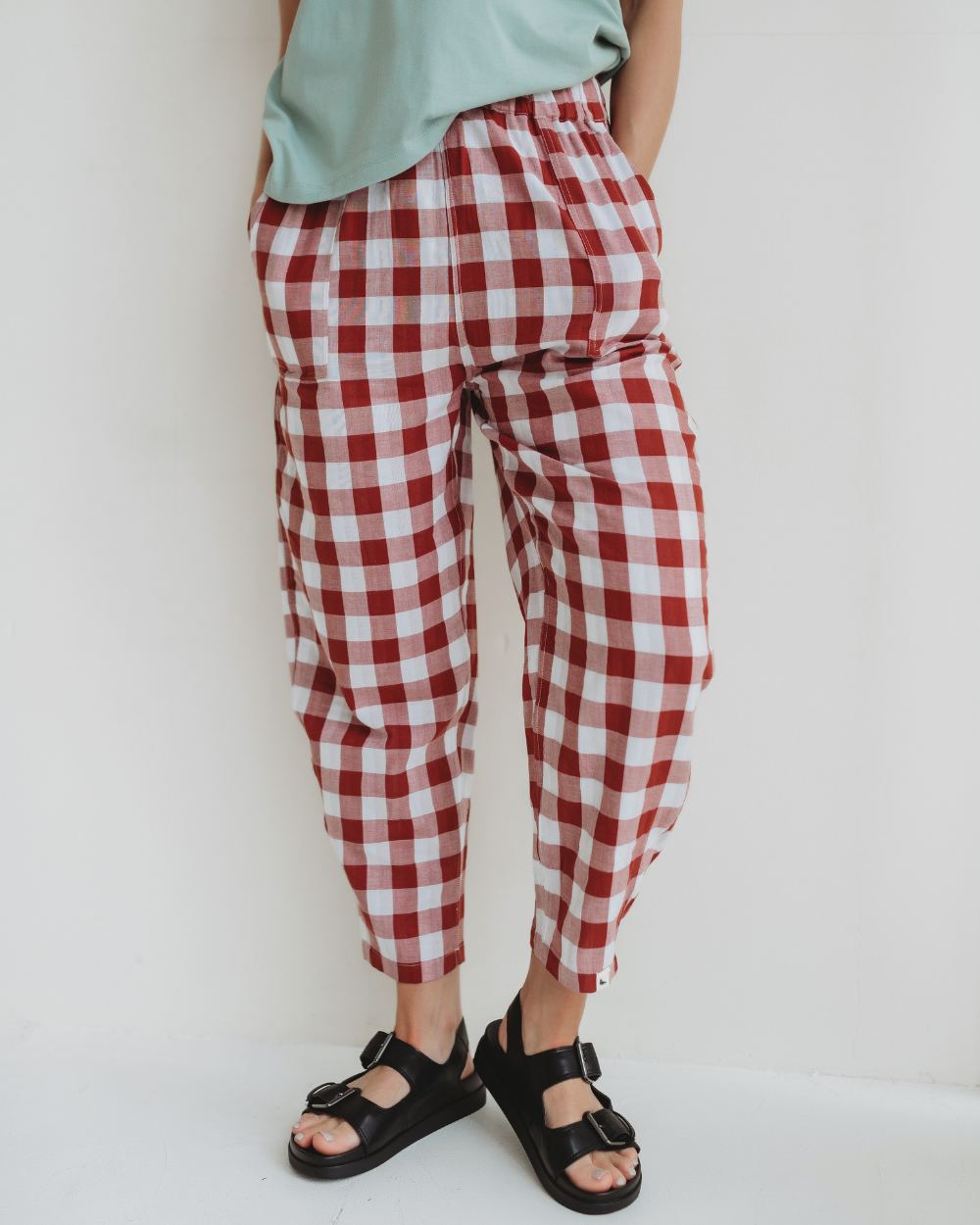 organic cotton Kate Red Reversible Check Print Barrel Leg Trousers - image 1