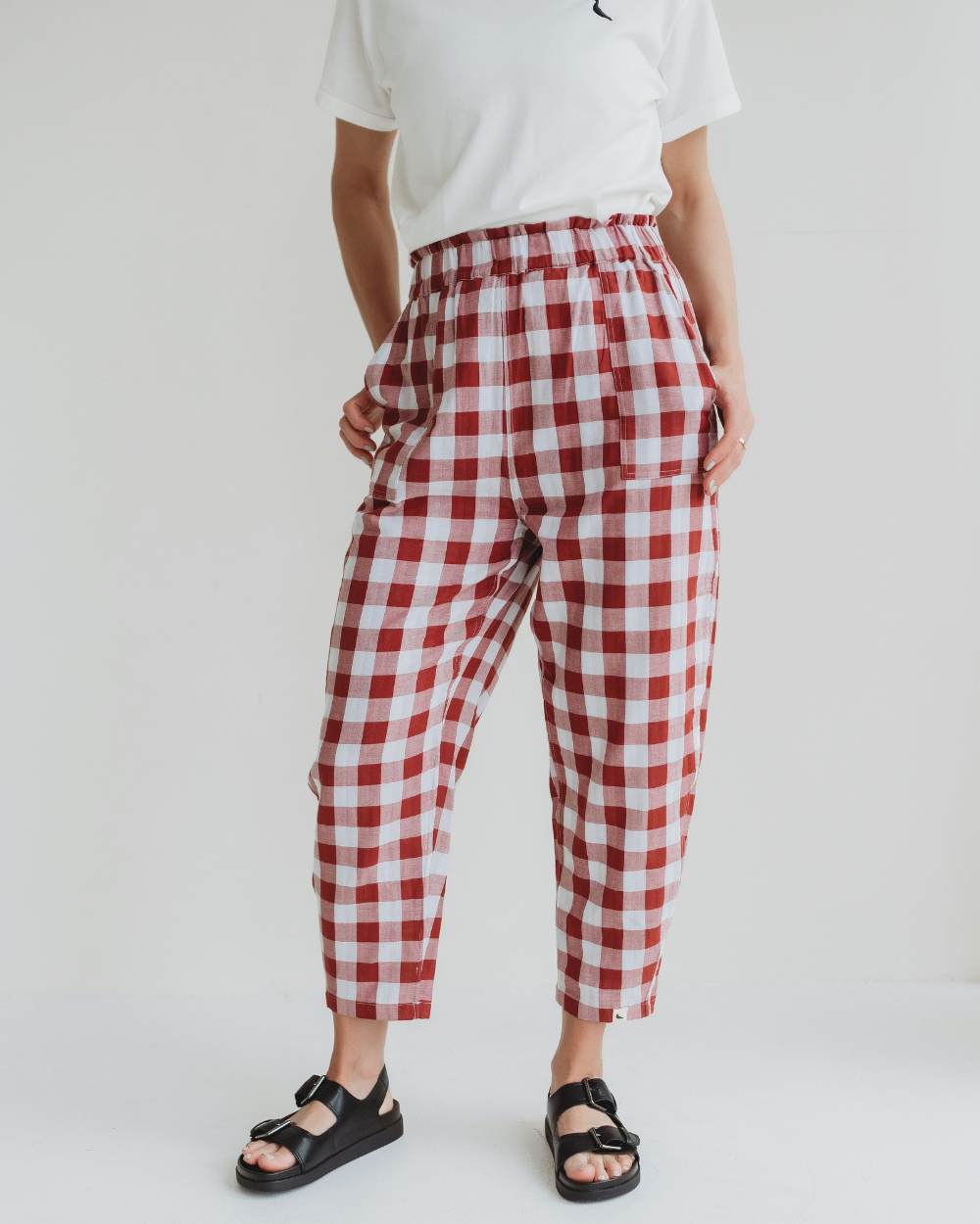organic cotton Kate Red Reversible Check Print Barrel Leg Trousers - image 3