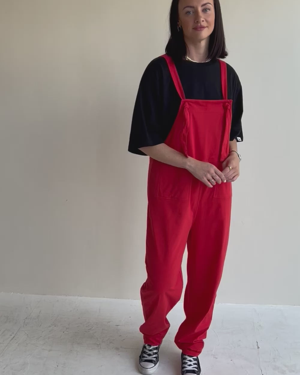 video showing Lila Fire Hydrant Red Dungarees
