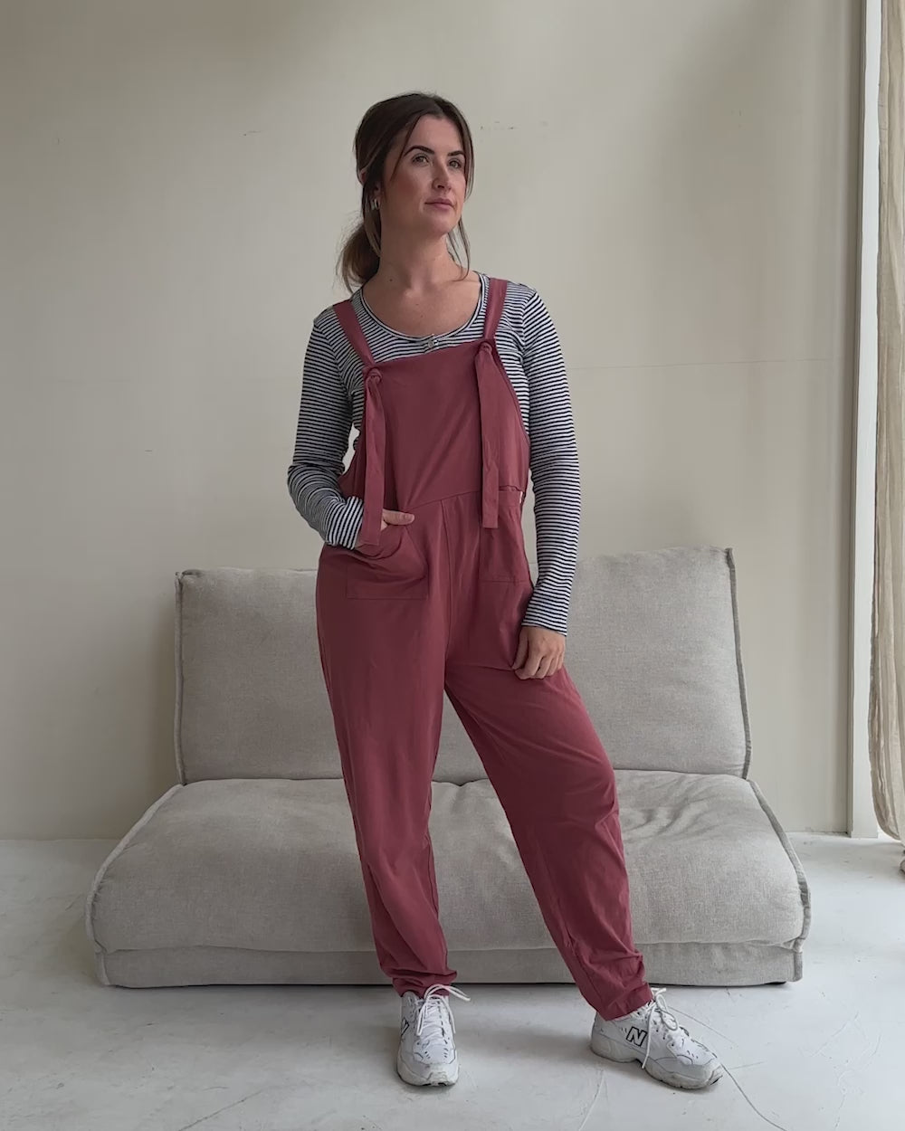 video shoiwng Lila Pink Dungarees