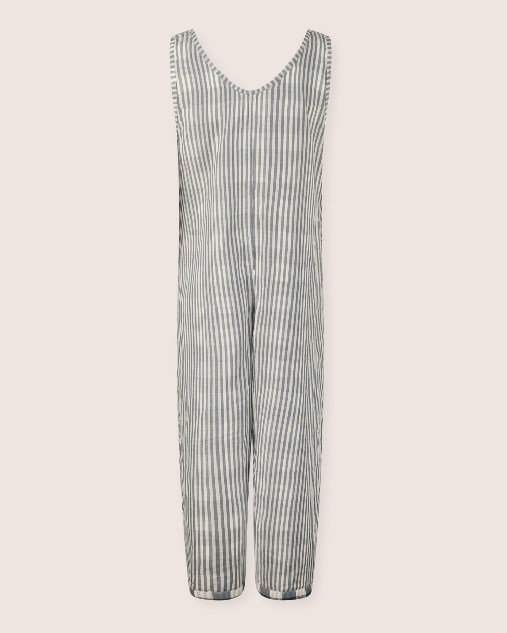 The Grace Reversible Blue Check Dungarees are sleeveless and full-length, featuring blue and white stripes in organic cotton. The lightweight, breathable fabric is perfect for a sustainable wardrobe and includes casual loose-fitting legs with a V-shaped neckline.