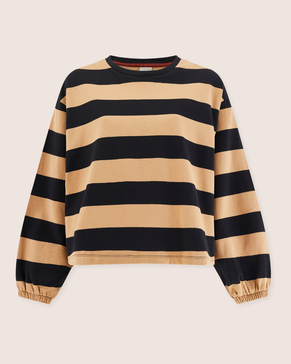 The Ivy Striped Sweatshirt boasts black and beige horizontal stripes on organic cotton for a sustainable touch. It features a round neckline and elastic cuffs, offering comfortable and casual wear.