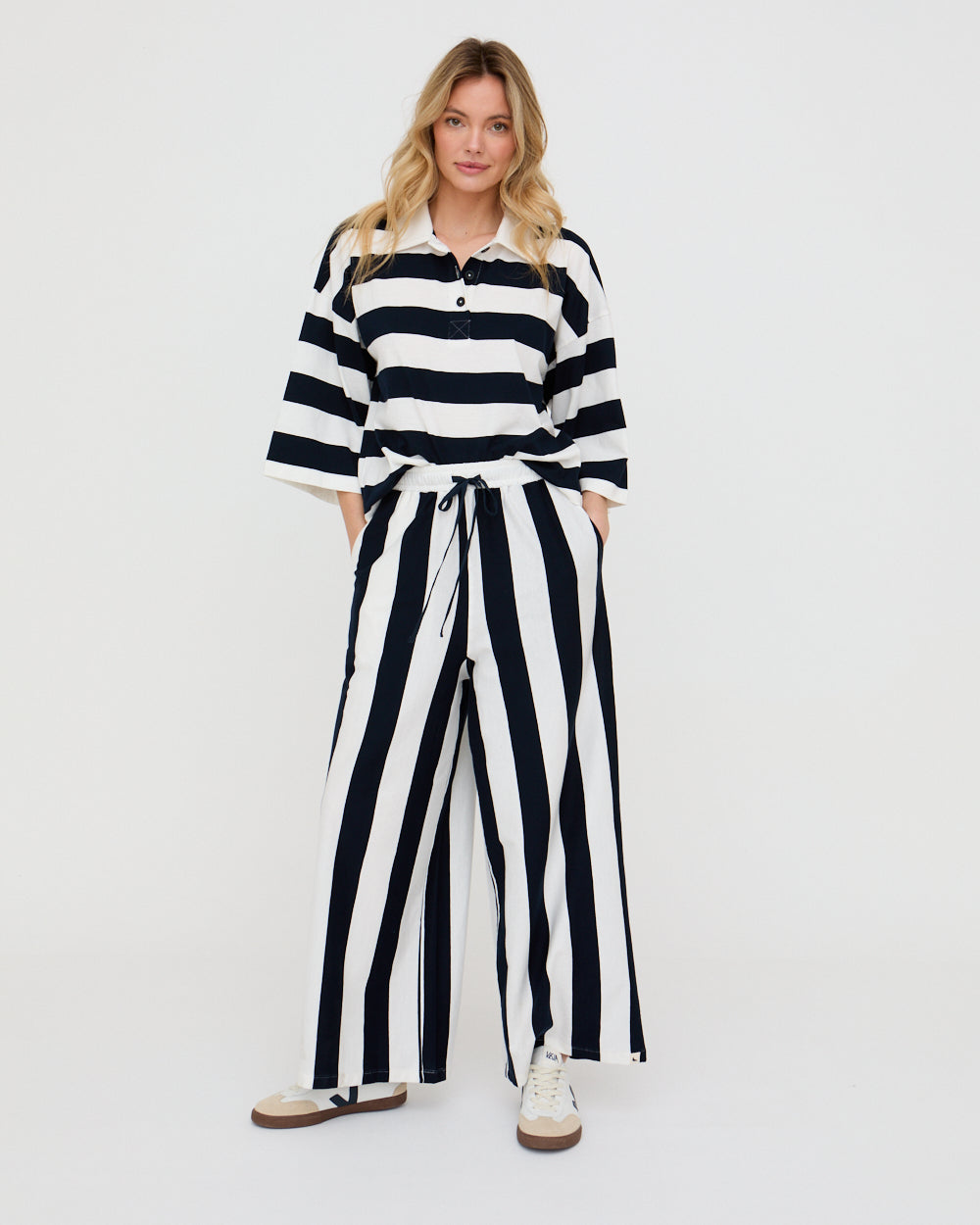 PREORDER - Thi Navy Stripe Print Wide Leg Trouser