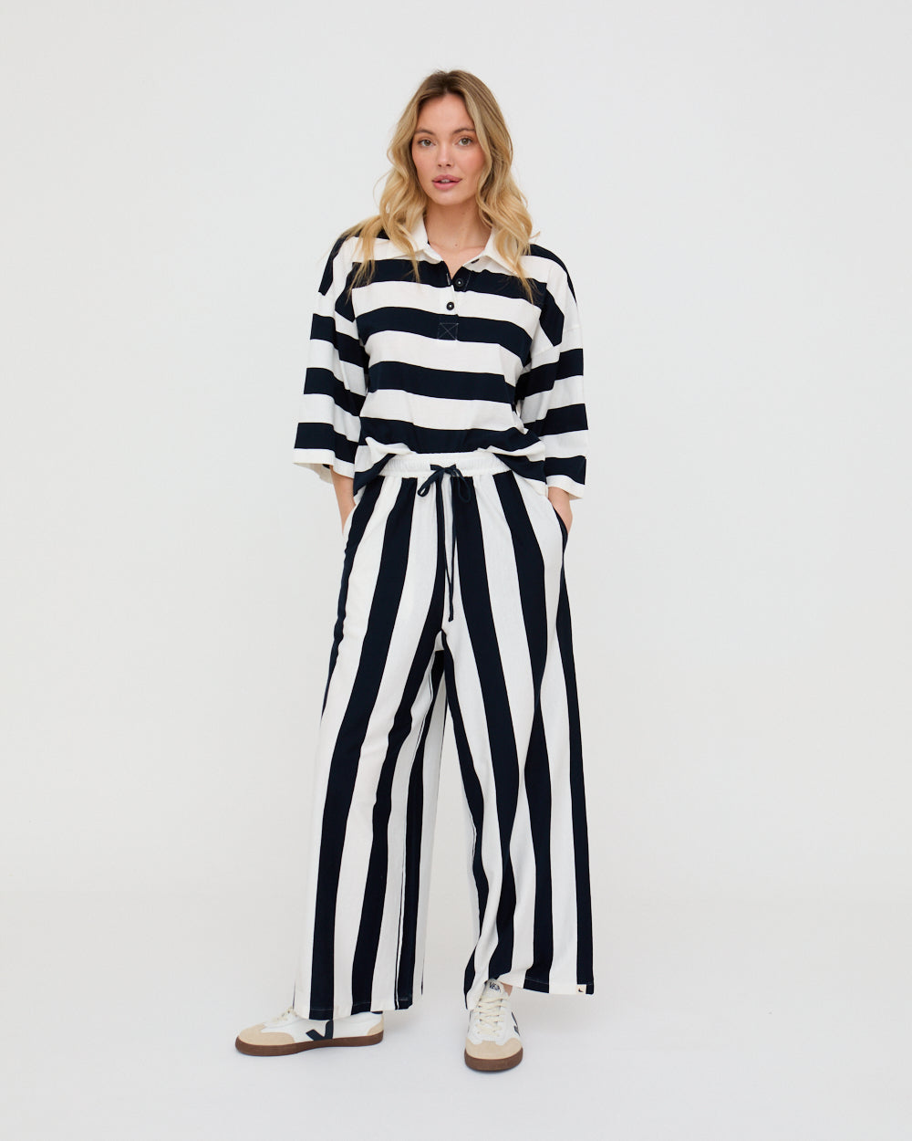 PREORDER - Thi Navy Stripe Print Wide Leg Trouser