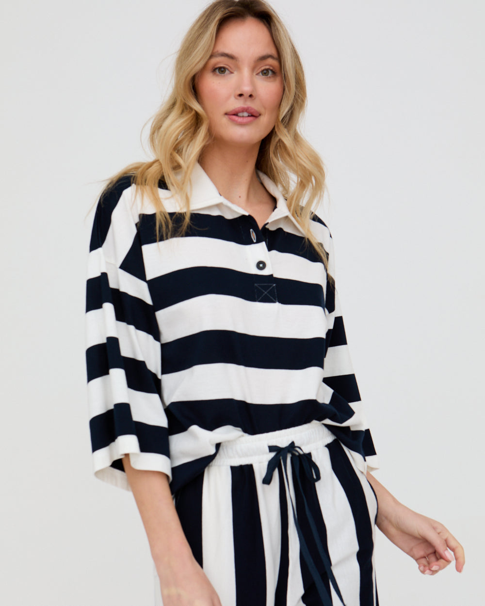 PREORDER - Maude Navy Stripe Print Rugby Top