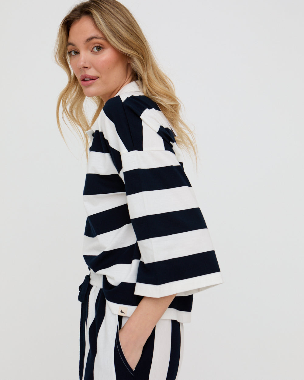 PREORDER - Maude Navy Stripe Print Rugby Top
