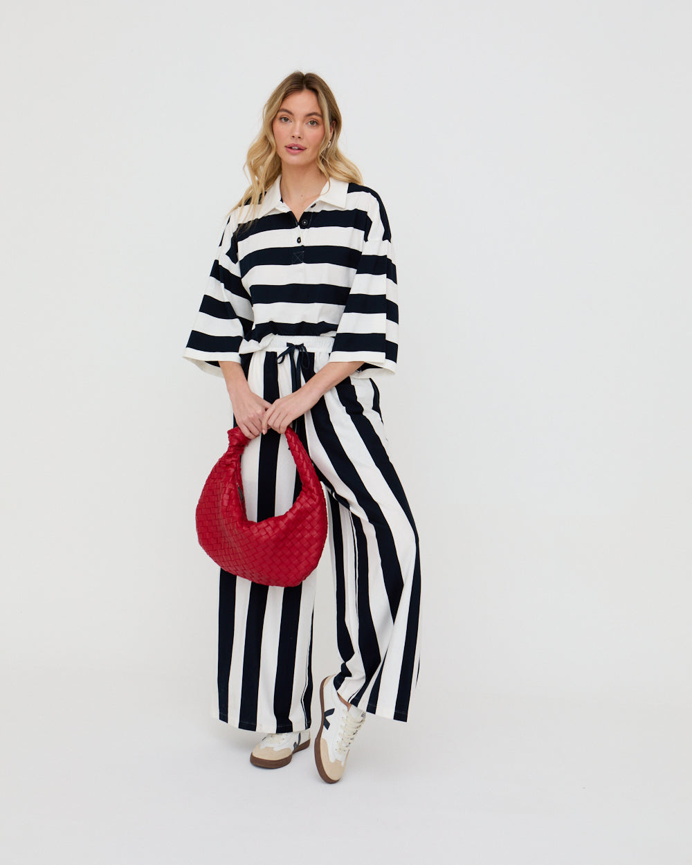PREORDER - Thi Navy Stripe Print Wide Leg Trouser