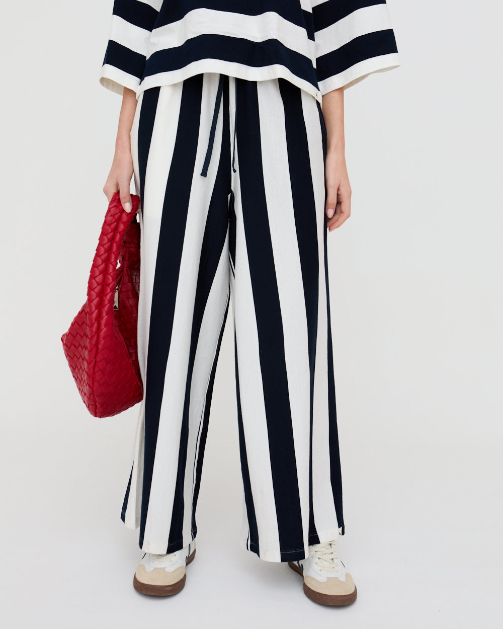 PREORDER - Thi Navy Stripe Print Wide Leg Trouser
