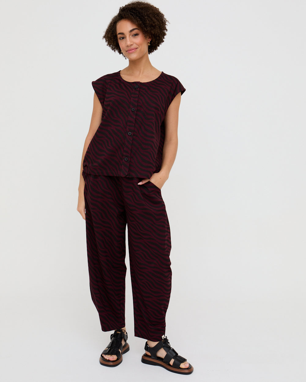 PREORDER - Jae Burgundy Tiger Print Barrel Leg Trouser