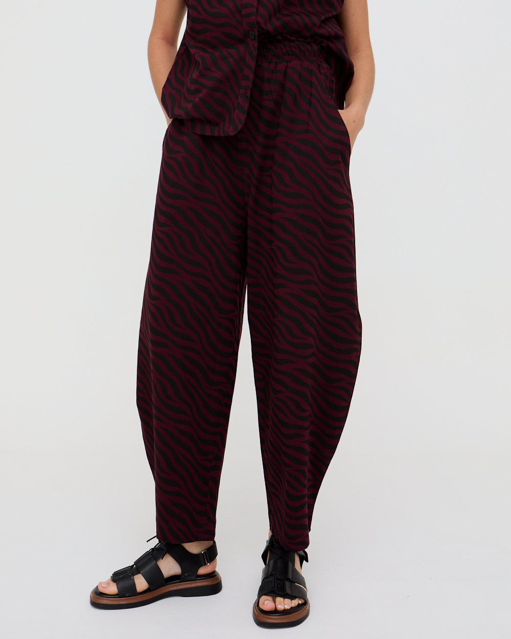 PREORDER - Jae Burgundy Tiger Print Barrel Leg Trouser