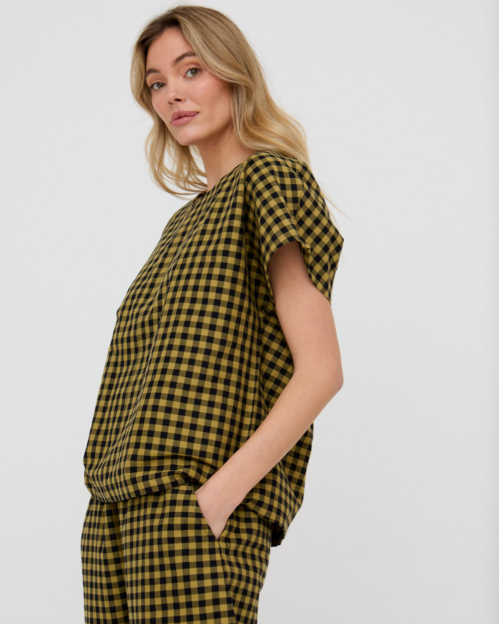 PREORDER - Wyn Mustard Check Print Top