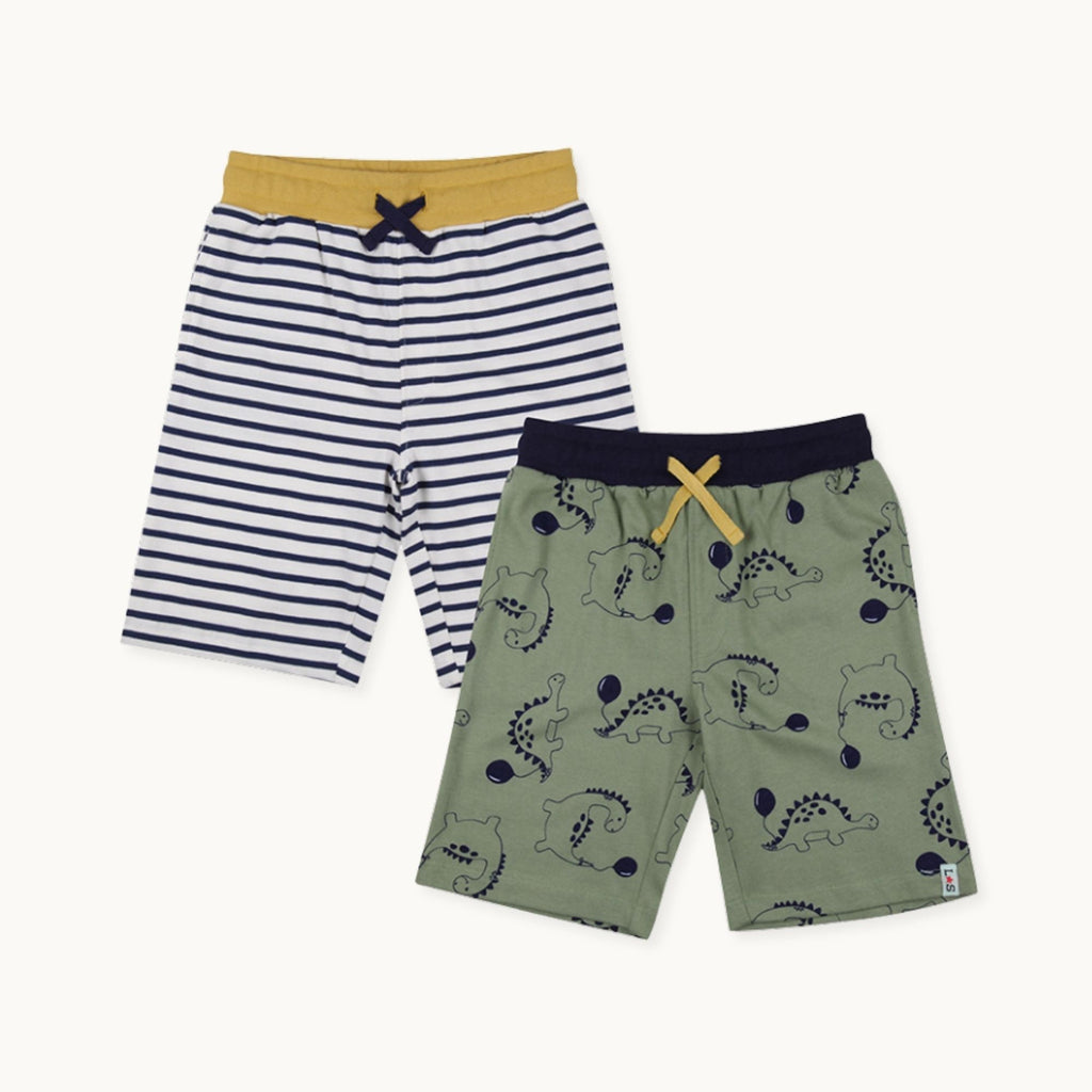 Multicoloured Dinosaur And Stripe Print Short - 2 Pack