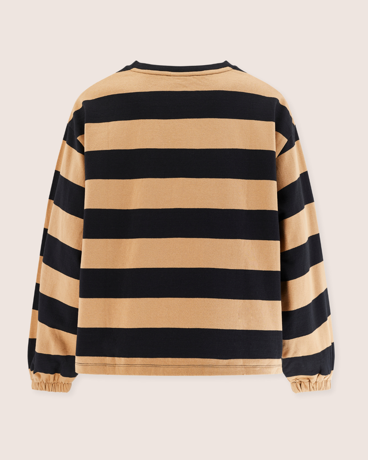 The Ivy Striped Sweatshirt is a long-sleeve shirt featuring wide horizontal stripes in tan and black, made from organic cotton. Its simple, casual design includes elastic cuffs on a light beige background for sustainable style.