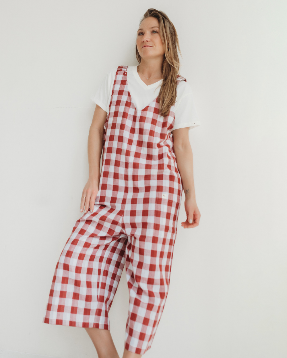 Grace Red Check Print Reversible Wide Leg Jumpsuit- image 1