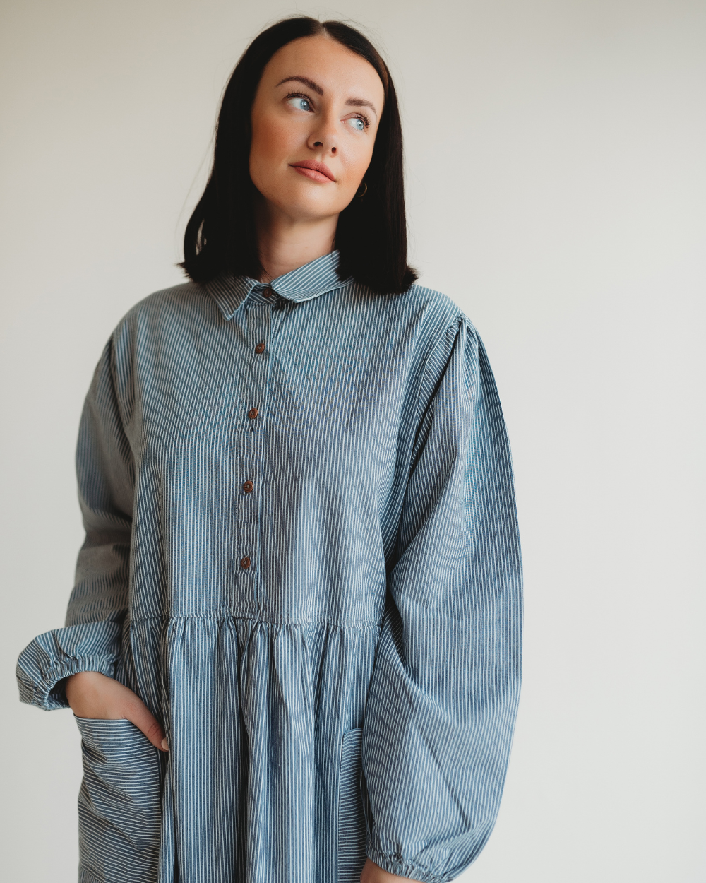Magda Blue Pinstripe Print Long Sleeve Midi Dress- image 3