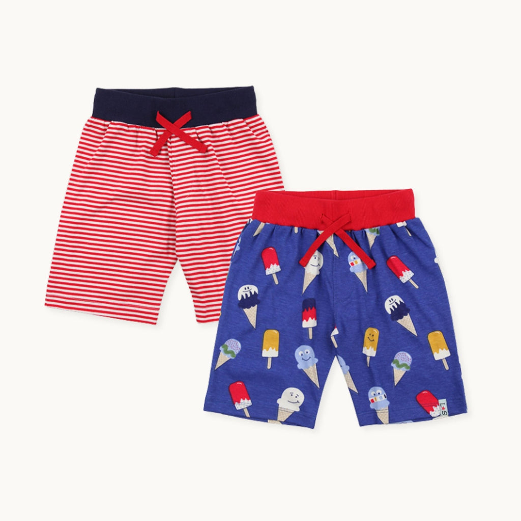 Multicoloured Happy Ice Cream And Stripe Print Short - 2 Pack