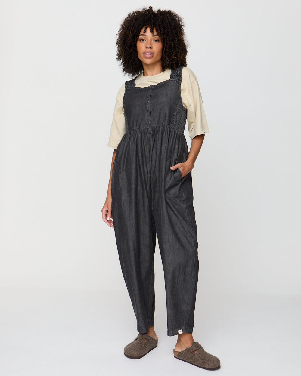 Person wearing black overalls on a white background