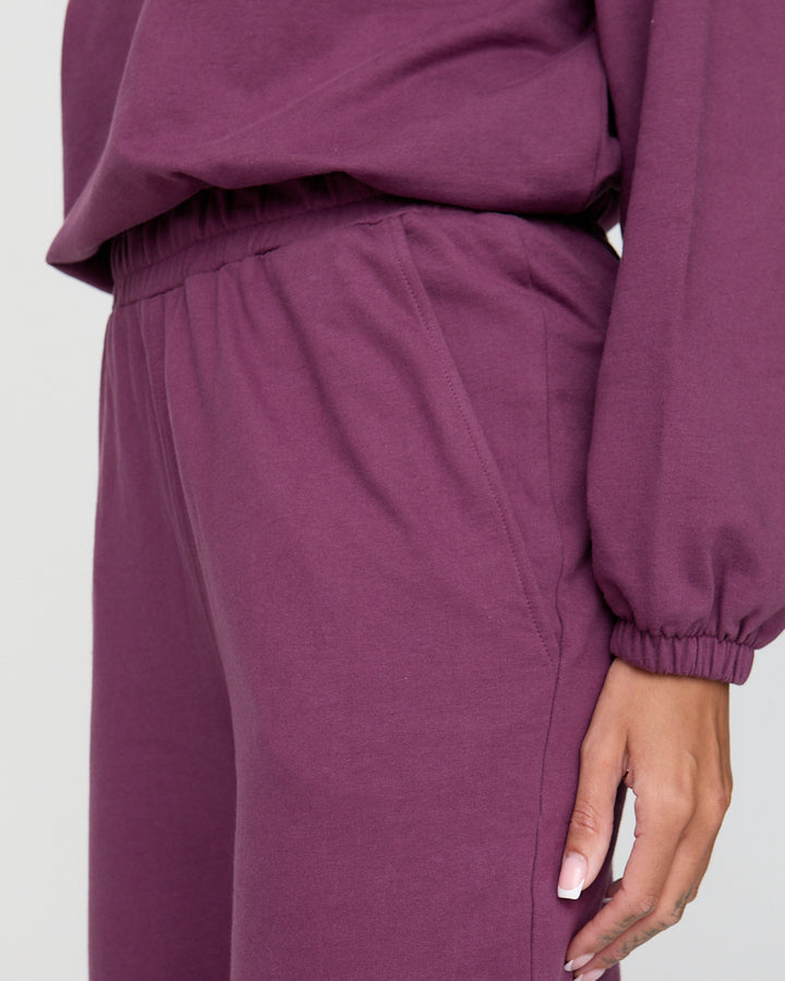 Purple sweatshirt and pants on a plain background