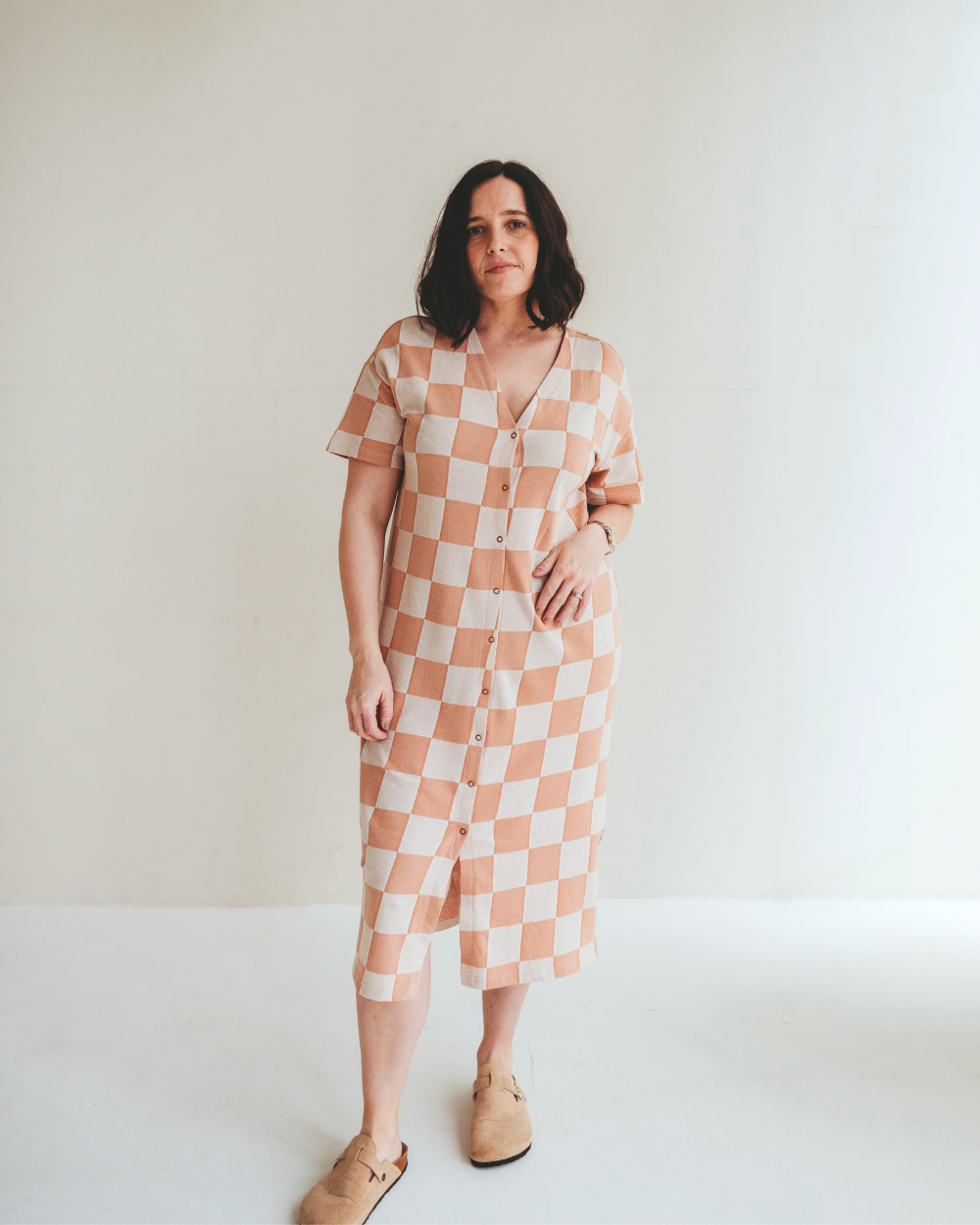 Eden Orange Bold Check Print Midi Dress- image 1