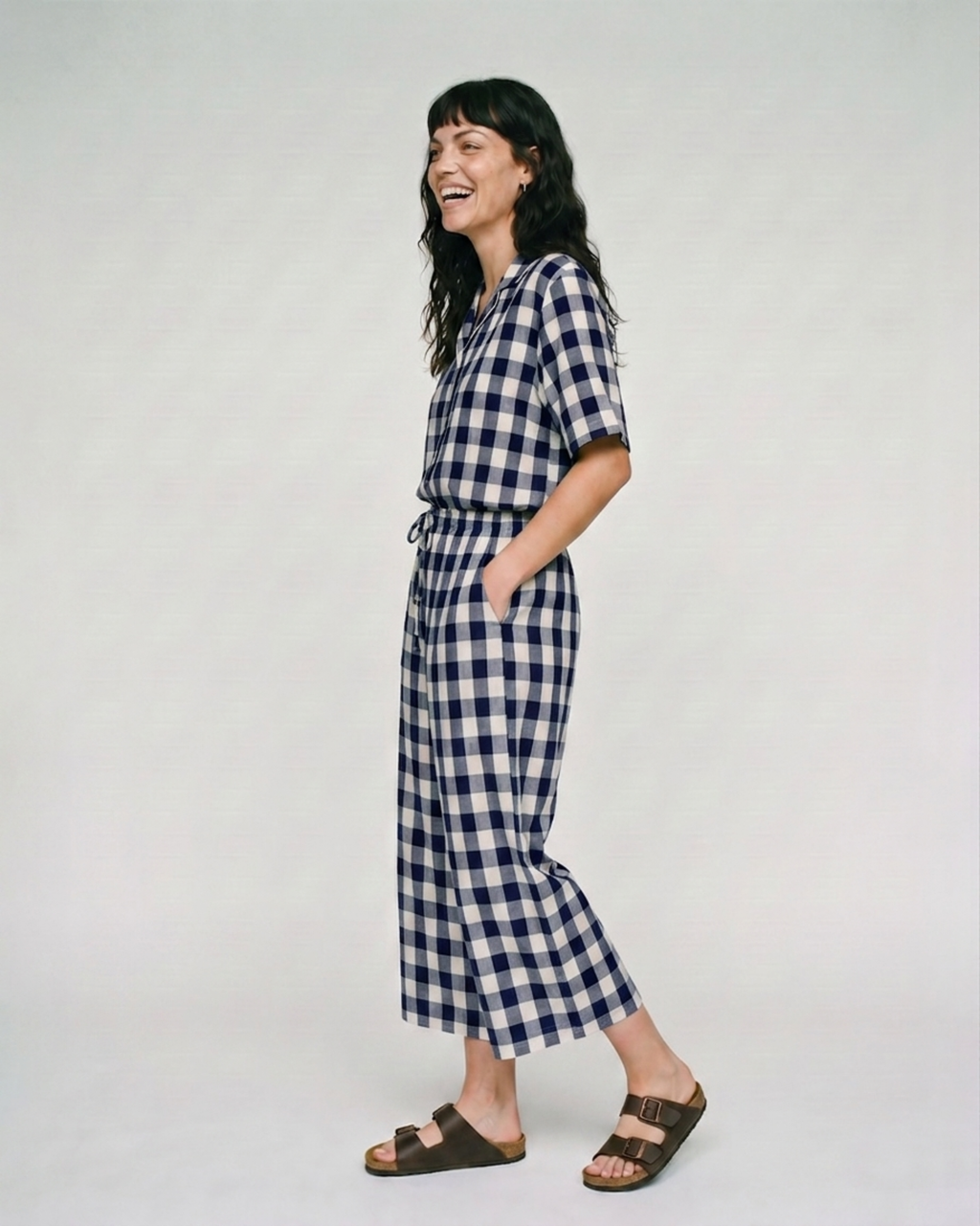 PREORDER Iris Navy Oversized Check Crop Jumpsuit