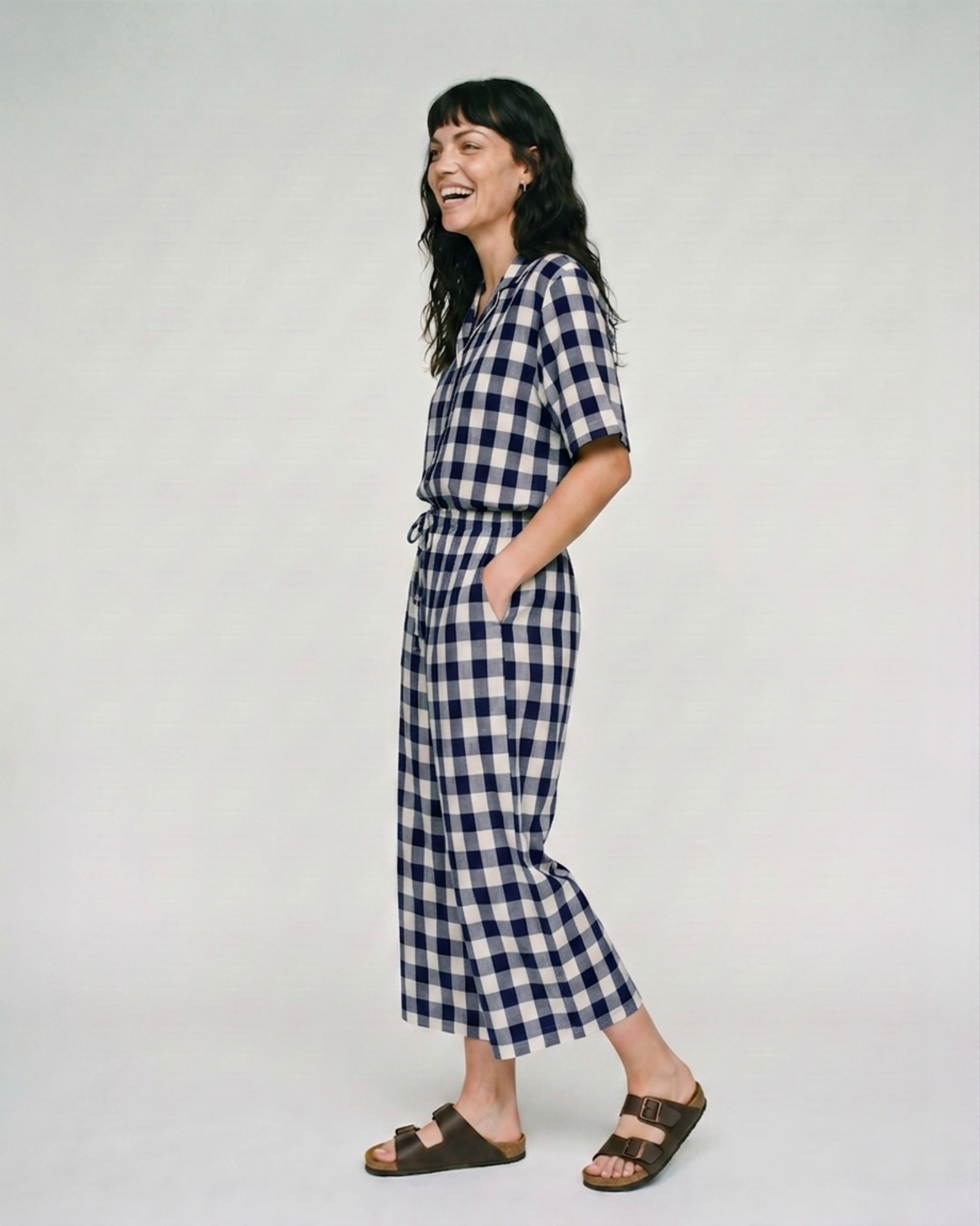 PREORDER Iris Navy Oversized Check Crop Jumpsuit