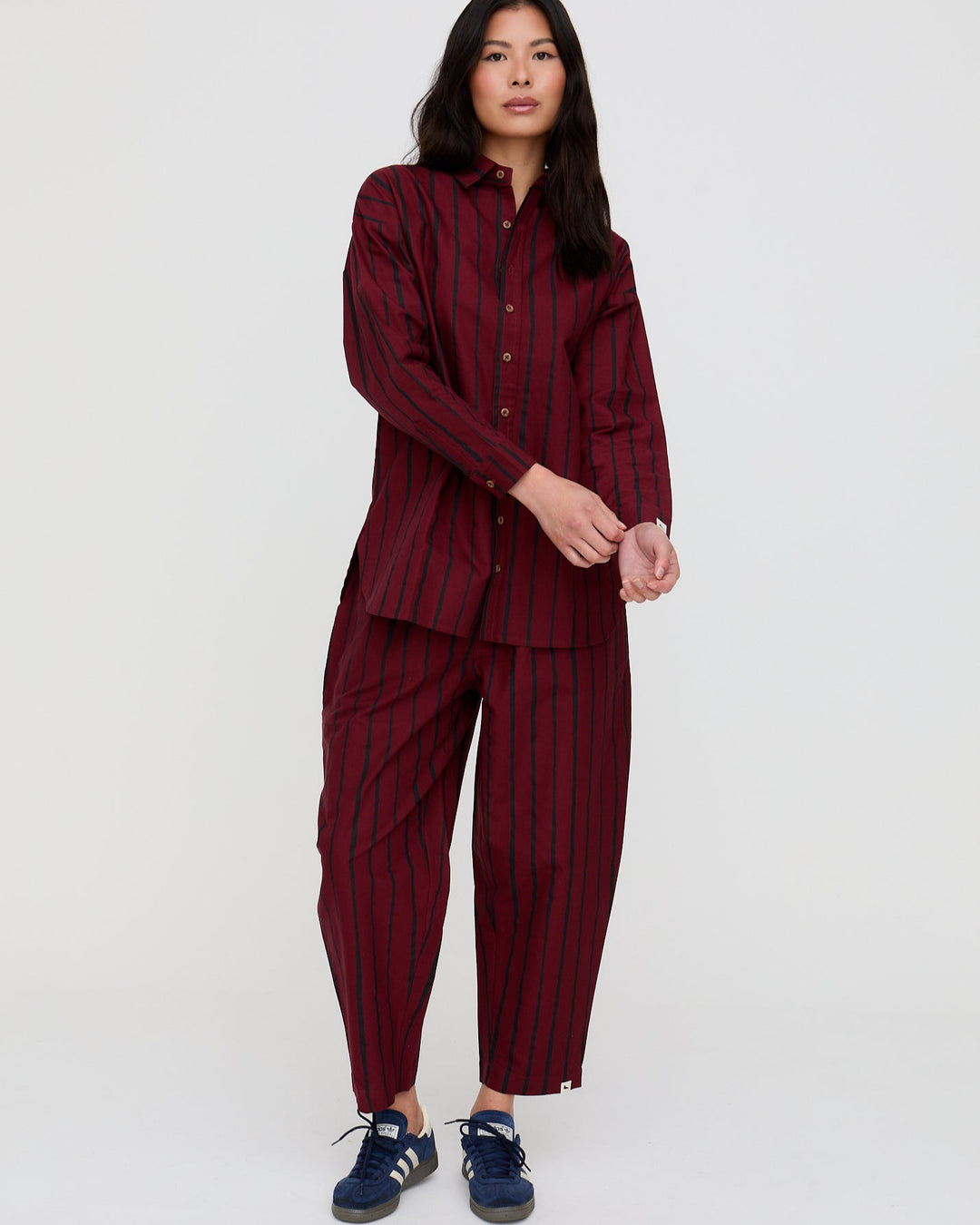 PREORDER Kate Red Stripe Print Barrel Leg Trousers