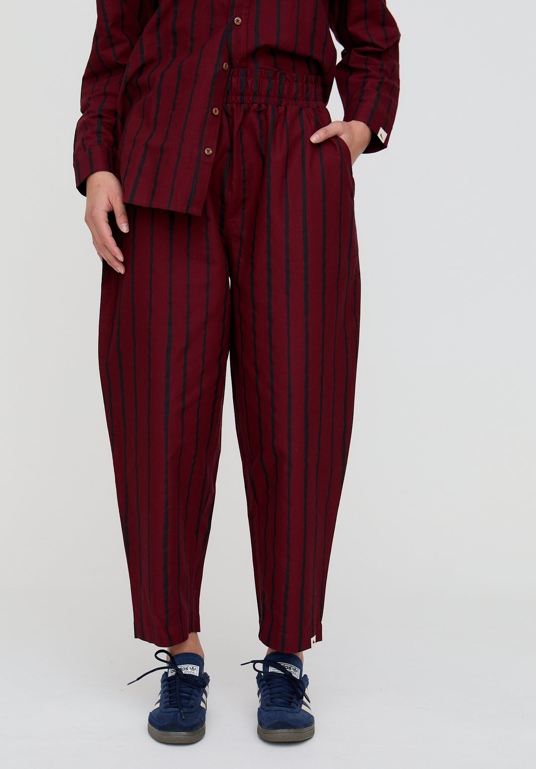 PREORDER Kate Red Stripe Print Barrel Leg Trousers
