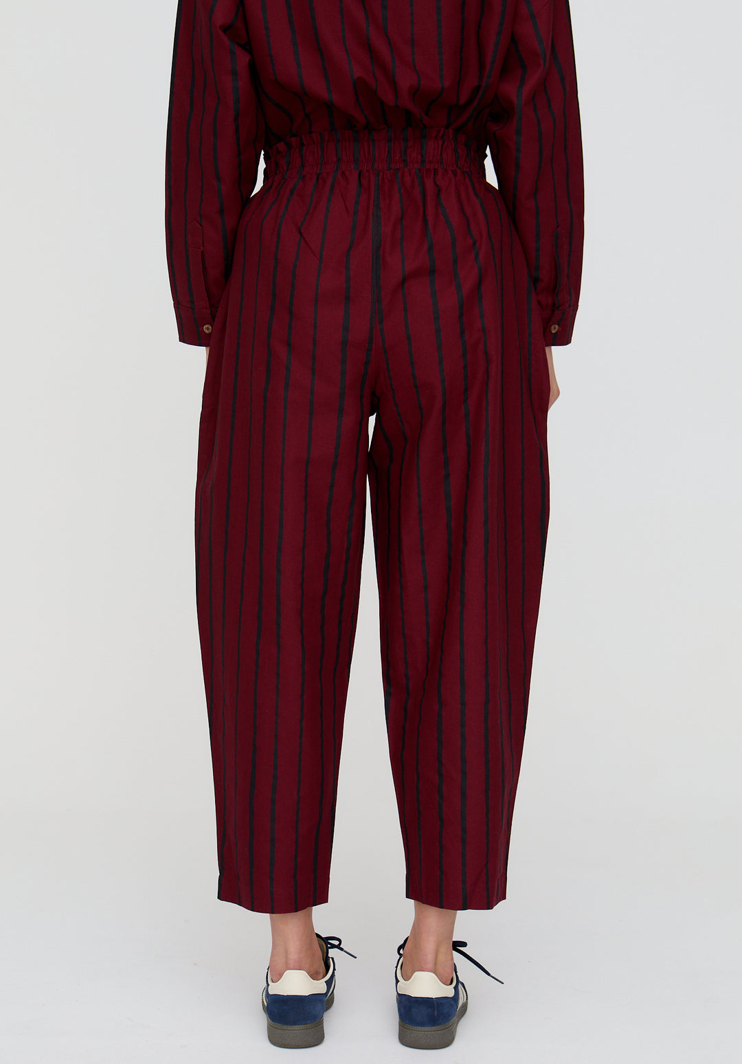 PREORDER Kate Red Stripe Print Barrel Leg Trousers