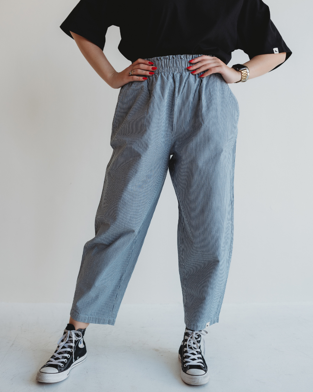 Kate Blue Pinstripe Print Barrel Leg Trousers - image 4