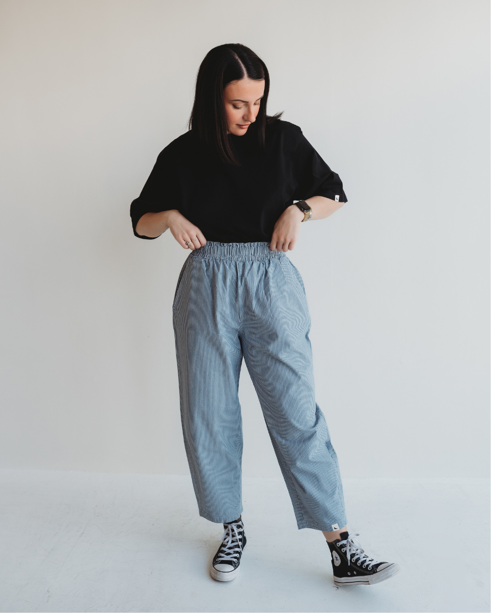 Kate Blue Pinstripe Print Barrel Leg Trousers - image 1