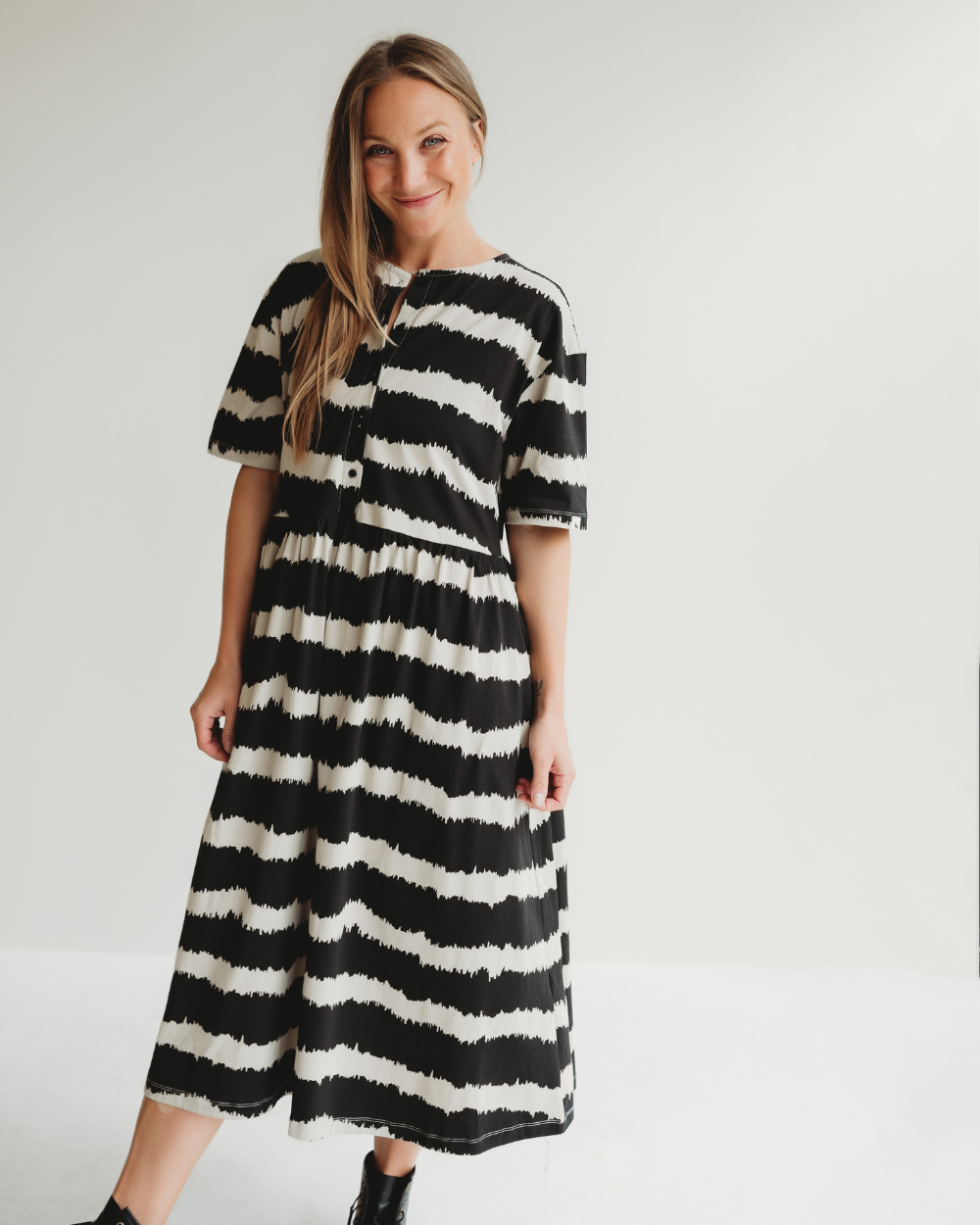Eco friendly azo free Matilda Black Wavy Stripe Midi Dress- image 1