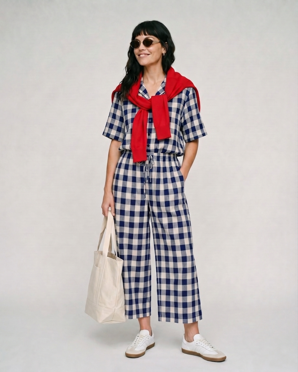 PREORDER Iris Navy Oversized Check Crop Jumpsuit