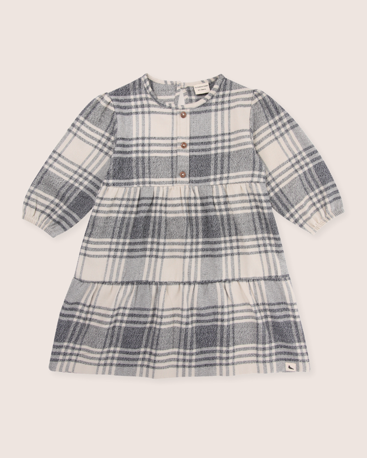 The Brushed Check Dress, perfect for capsule wardrobes, boasts a gray and white checkered design. Crafted from organic cotton, it includes long sleeves, a buttoned front, and a gathered waist forming a flared skirt. Against a plain backdrop, it epitomizes stylish simplicity.