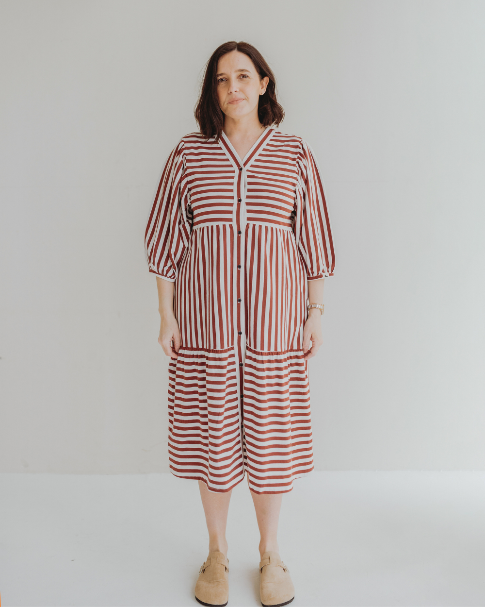 Clara Red Horizontal Stripe Print Midi Dress- image 2