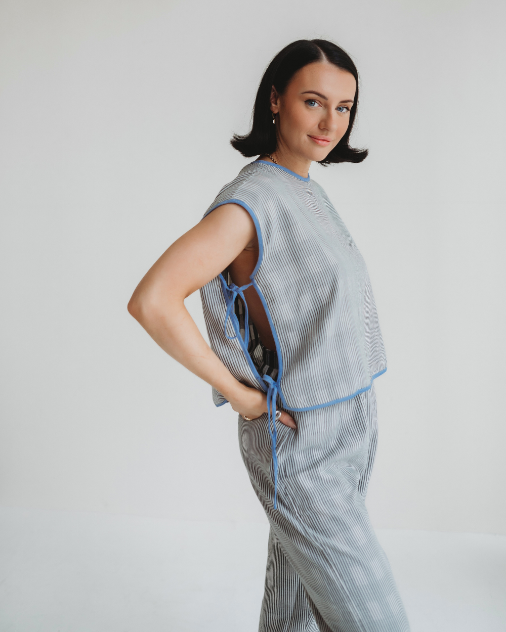 Wren Blue Marine Check Print Reversible Crop Top - image 1