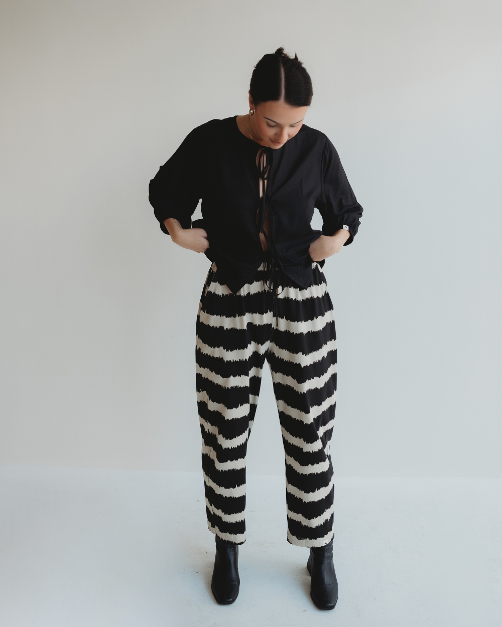 Kate Black Wavy Stripe Print Barrel Leg Trousers- image 1