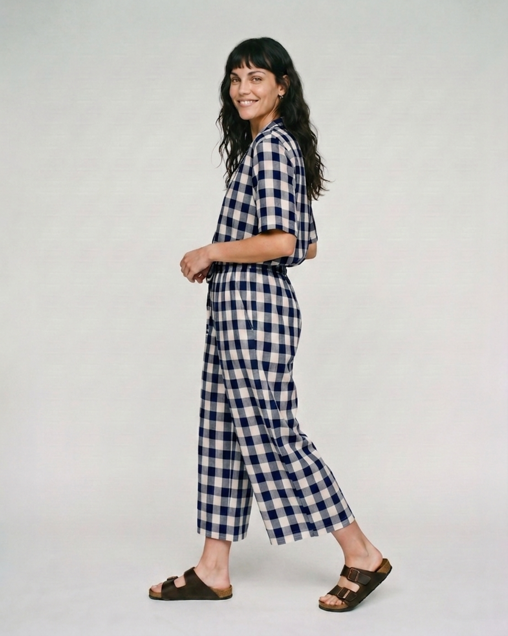 PREORDER Iris Navy Oversized Check Crop Jumpsuit