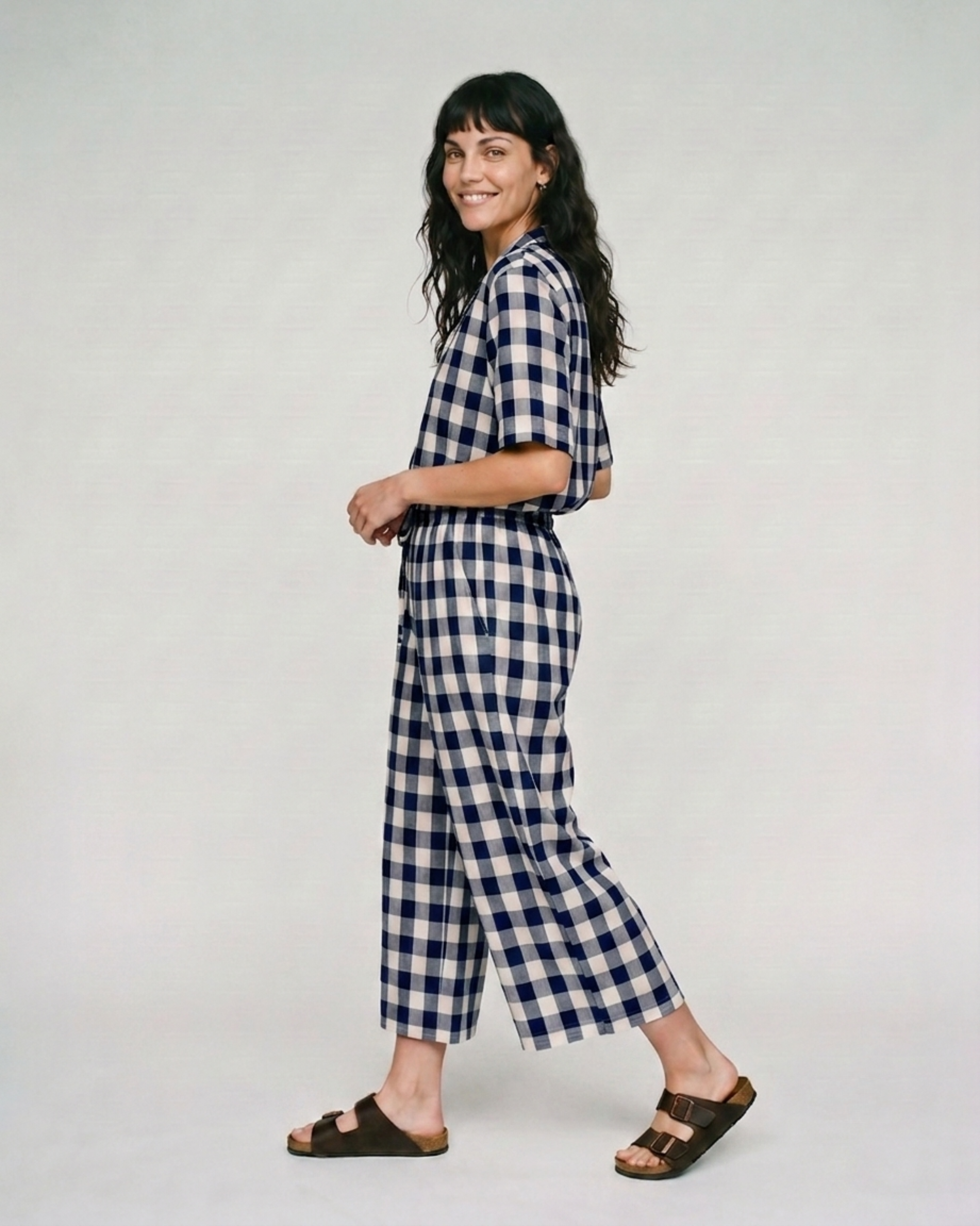 PREORDER Iris Navy Oversized Check Crop Jumpsuit