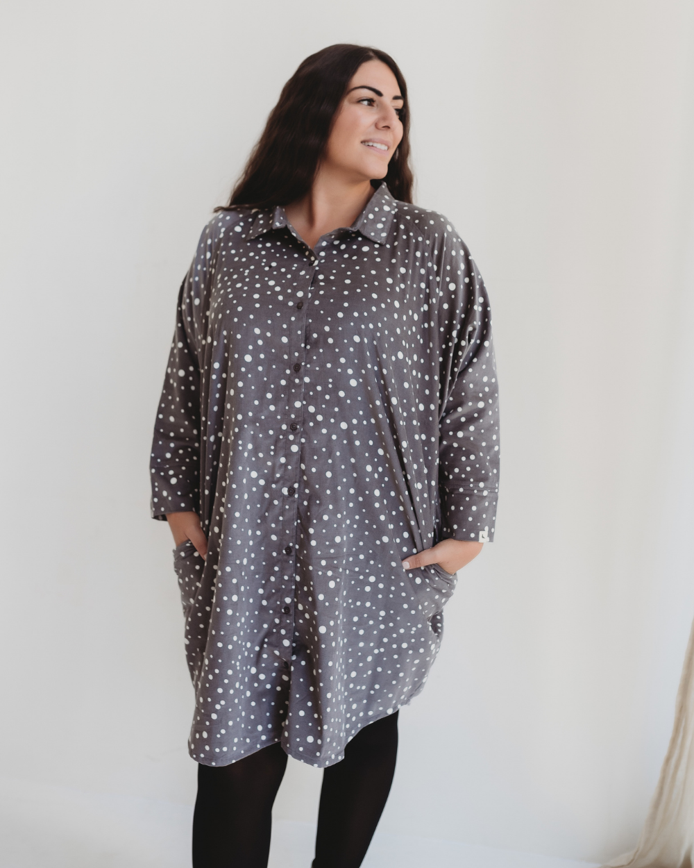 Jess Grey Abstract Spot Print Midi Shirt Dress- image 1