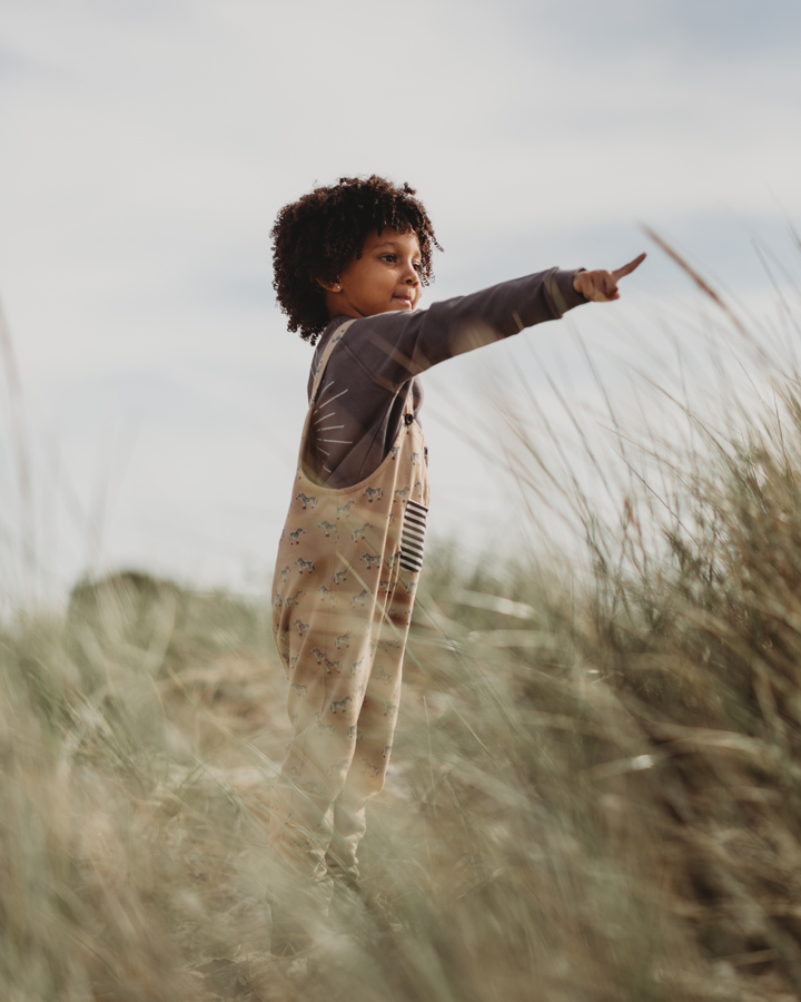 In a grassy field, a curly-haired child in Zebra Dungarees and a long-sleeve shirt points into the distance under a clear sky, capturing an essence of exploration and curiosity.