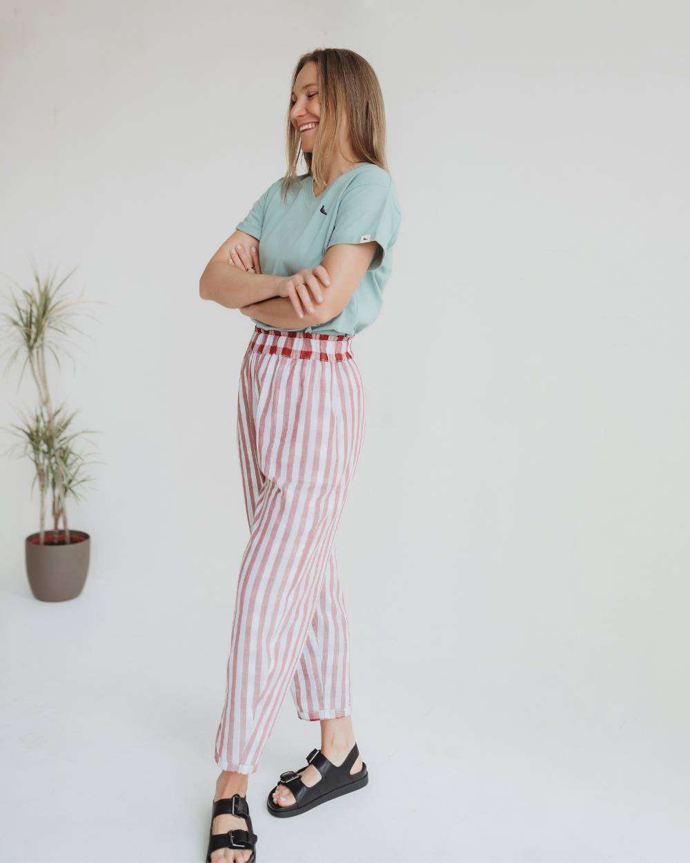 organic cotton Kate Red Reversible Check Print Barrel Leg Trousers - image 4