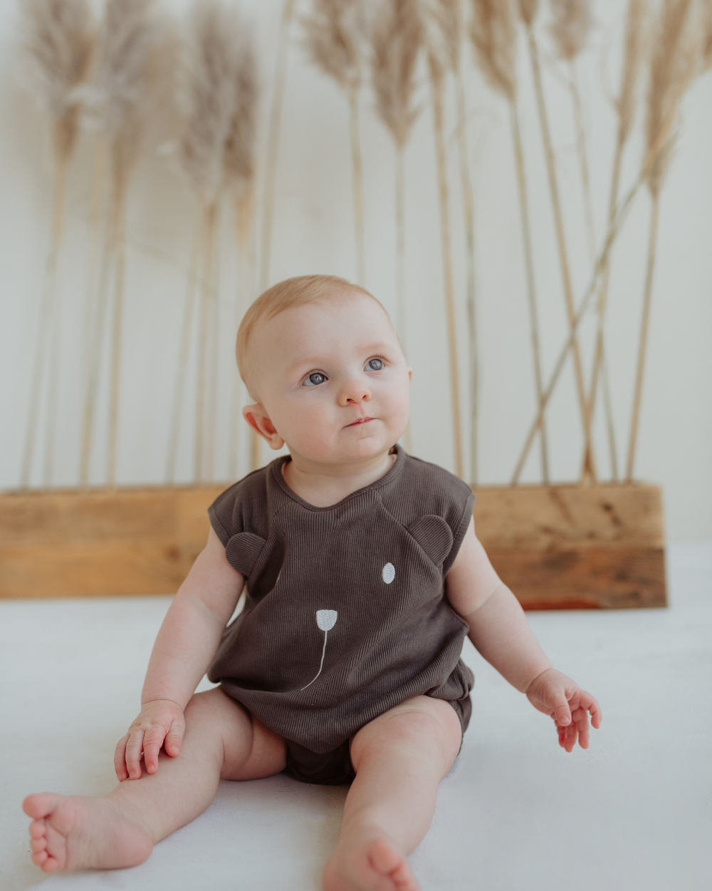 Charcoal Grey Bear Face Applique Romper