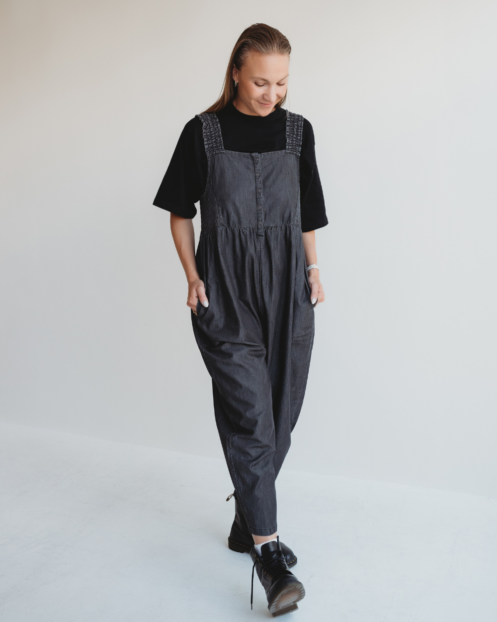 Alice Black Denim Smocking Strap Jumpsuit- image 2