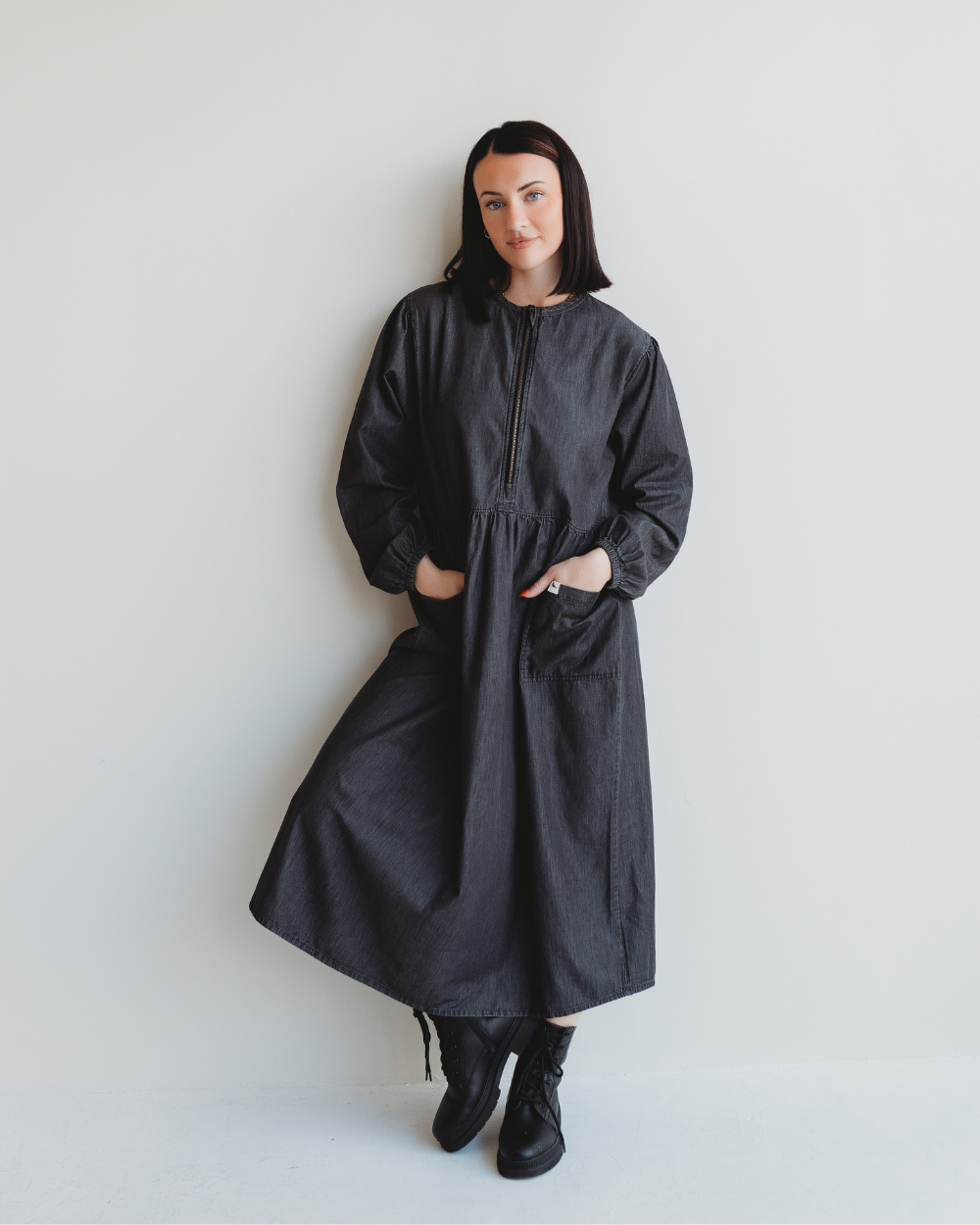 Magda Black Denim Long Sleeve Midi Dress- image 4