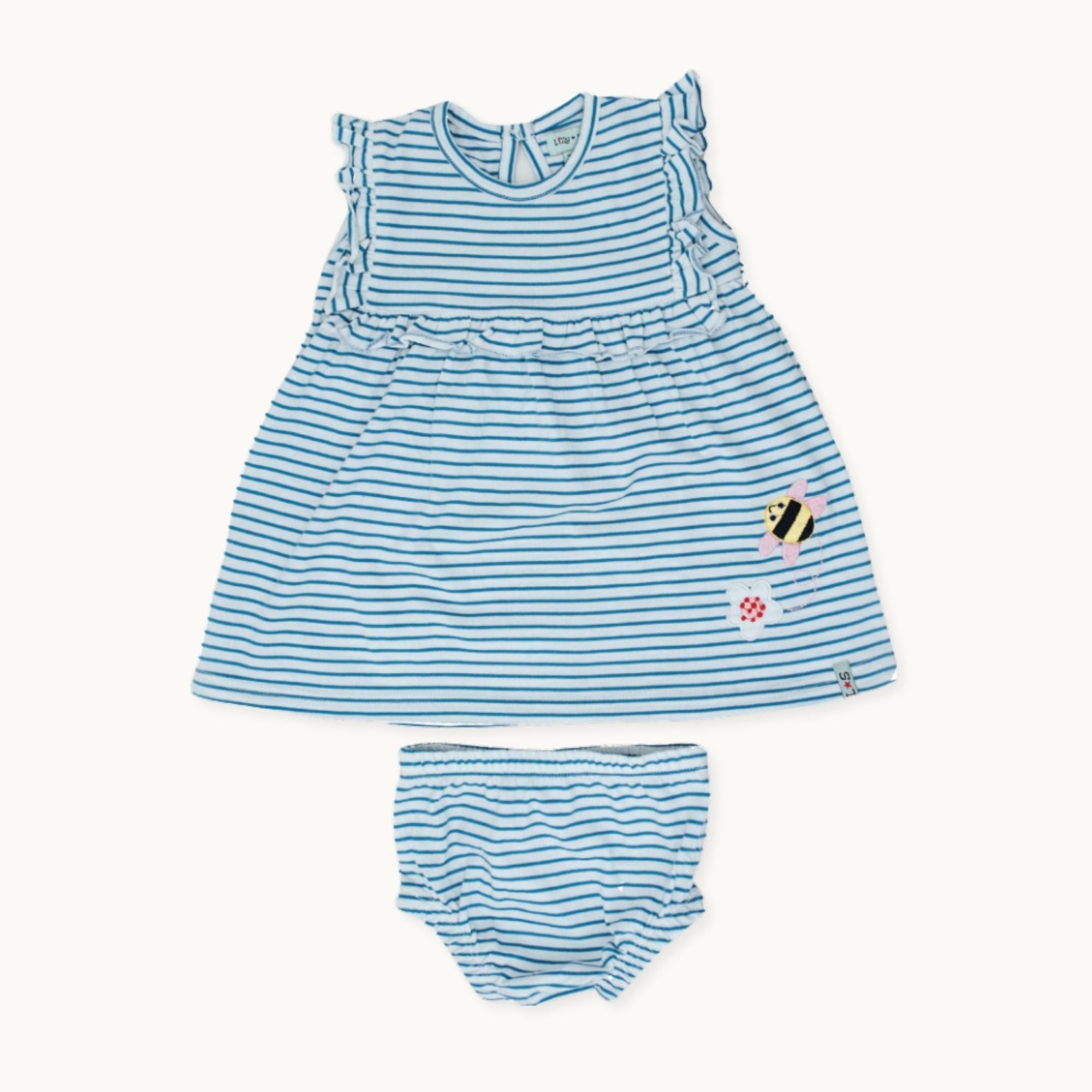 Blue Stripe Print Dress And Pant Set