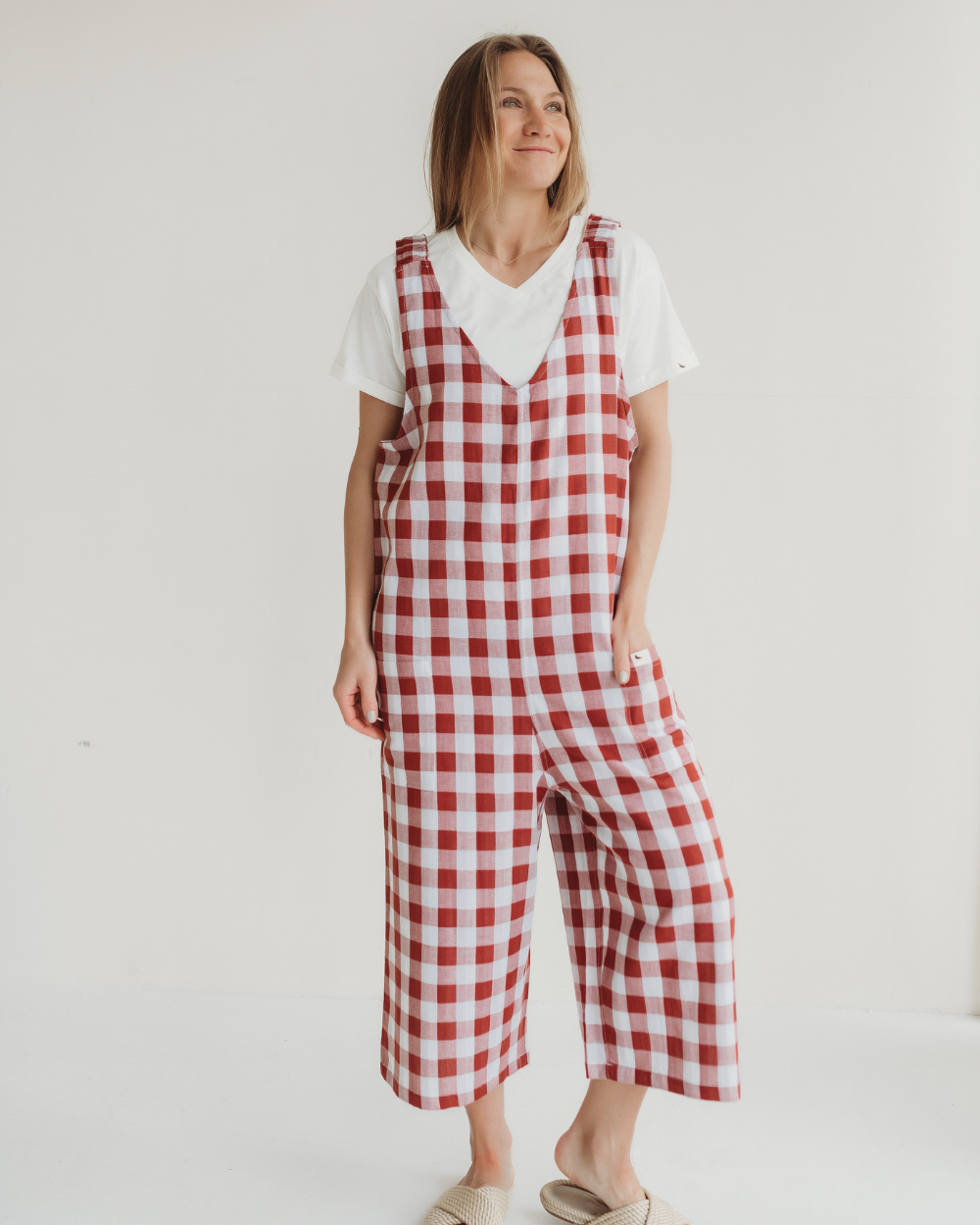 Grace Red Check Print Reversible Wide Leg Jumpsuit- image 2